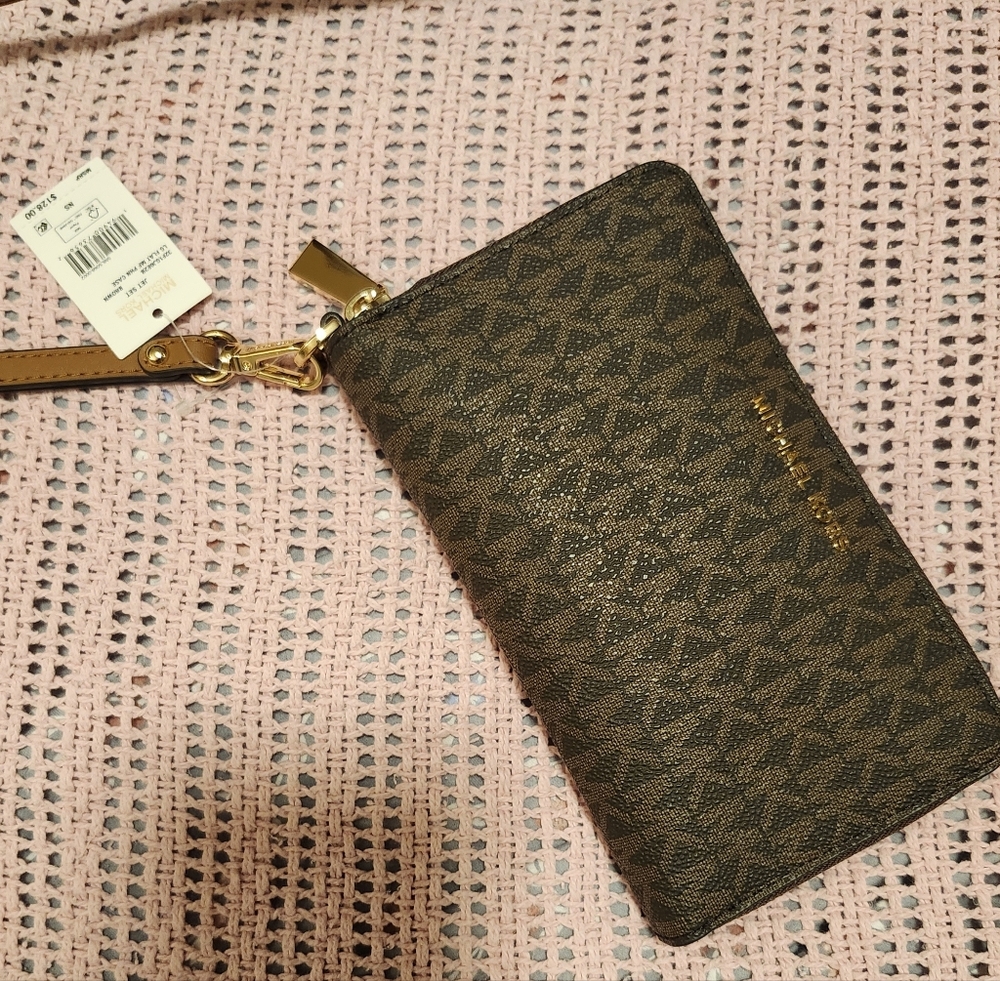 Michael Kors Dark Brown Wristlet with Gold Hardware